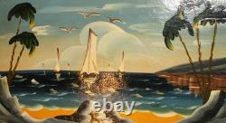 Tableau ancien huile fauviste bateaux paysage marin