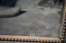 Tableau ancien huile homme prêt de l' âtre signé C. Guilbert fin XIXème