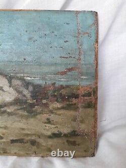 Tableau ancien huile impressionniste XIX signé Marine Paysage Plage à restaurer