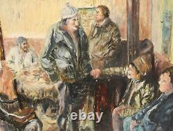 Tableau ancien huile impressionniste figurines composition portrait