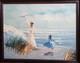 Tableau ancien huile impressionniste figurines paysage marin