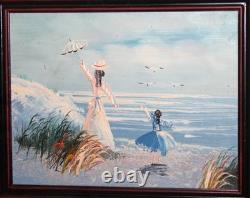 Tableau ancien huile impressionniste figurines paysage marin