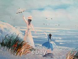 Tableau ancien huile impressionniste figurines paysage marin