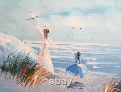 Tableau ancien huile impressionniste figurines paysage marin
