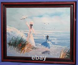 Tableau ancien huile impressionniste figurines paysage marin