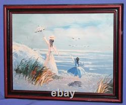 Tableau ancien huile impressionniste figurines paysage marin