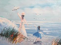 Tableau ancien huile impressionniste figurines paysage marin