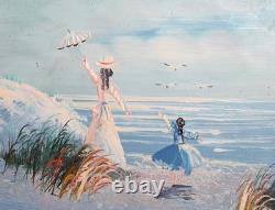 Tableau ancien huile impressionniste figurines paysage marin
