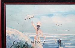 Tableau ancien huile impressionniste figurines paysage marin