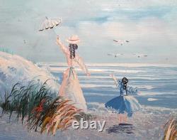 Tableau ancien huile impressionniste figurines paysage marin