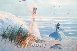 Tableau ancien huile impressionniste figurines paysage marin