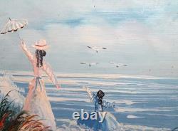 Tableau ancien huile impressionniste figurines paysage marin