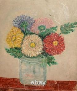 Tableau ancien huile impressionniste nature morte aux fleurs