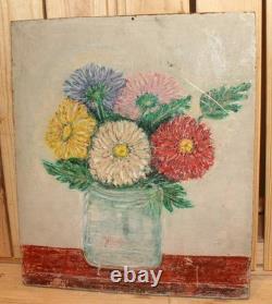 Tableau ancien huile impressionniste nature morte aux fleurs