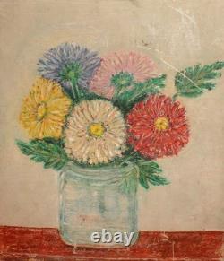 Tableau ancien huile impressionniste nature morte aux fleurs