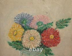 Tableau ancien huile impressionniste nature morte aux fleurs