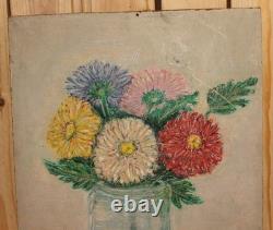 Tableau ancien huile impressionniste nature morte aux fleurs