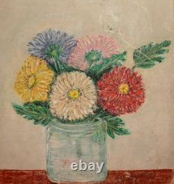 Tableau ancien huile impressionniste nature morte aux fleurs