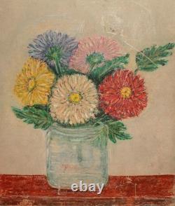 Tableau ancien huile impressionniste nature morte aux fleurs