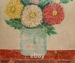 Tableau ancien huile impressionniste nature morte aux fleurs