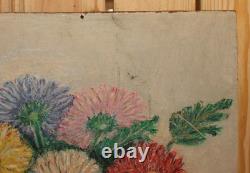 Tableau ancien huile impressionniste nature morte aux fleurs