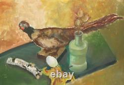 Tableau ancien huile impressionniste nature morte oiseau