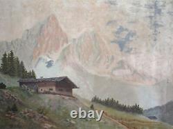 Tableau ancien huile impressionniste paysage cabane de montagne