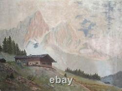 Tableau ancien huile impressionniste paysage cabane de montagne