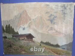 Tableau ancien huile impressionniste paysage cabane de montagne