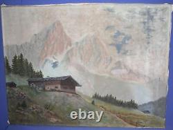 Tableau ancien huile impressionniste paysage cabane de montagne