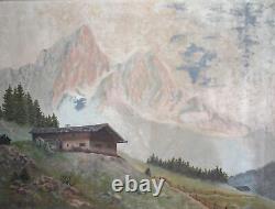 Tableau ancien huile impressionniste paysage cabane de montagne