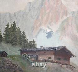 Tableau ancien huile impressionniste paysage cabane de montagne