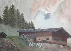 Tableau ancien huile impressionniste paysage cabane de montagne