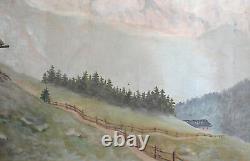 Tableau ancien huile impressionniste paysage cabane de montagne