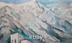 Tableau ancien huile impressionniste paysage de montagne signé