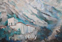 Tableau ancien huile impressionniste paysage de montagne signé