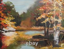 Tableau ancien huile impressionniste paysage fluvial