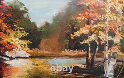 Tableau ancien huile impressionniste paysage fluvial