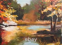 Tableau ancien huile impressionniste paysage fluvial