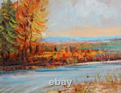 Tableau ancien huile impressionniste paysage fluvial signé