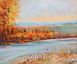 Tableau ancien huile impressionniste paysage fluvial signé