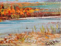 Tableau ancien huile impressionniste paysage fluvial signé