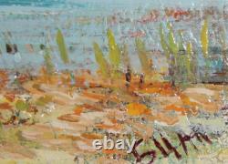 Tableau ancien huile impressionniste paysage fluvial signé