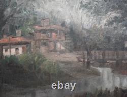 Tableau ancien huile impressionniste paysage forestier