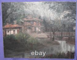 Tableau ancien huile impressionniste paysage forestier
