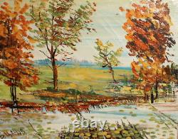 Tableau ancien huile impressionniste paysage rivière signé
