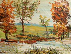 Tableau ancien huile impressionniste paysage rivière signé