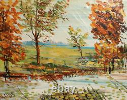 Tableau ancien huile impressionniste paysage rivière signé