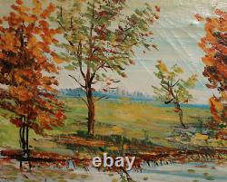 Tableau ancien huile impressionniste paysage rivière signé