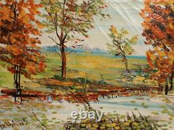 Tableau ancien huile impressionniste paysage rivière signé